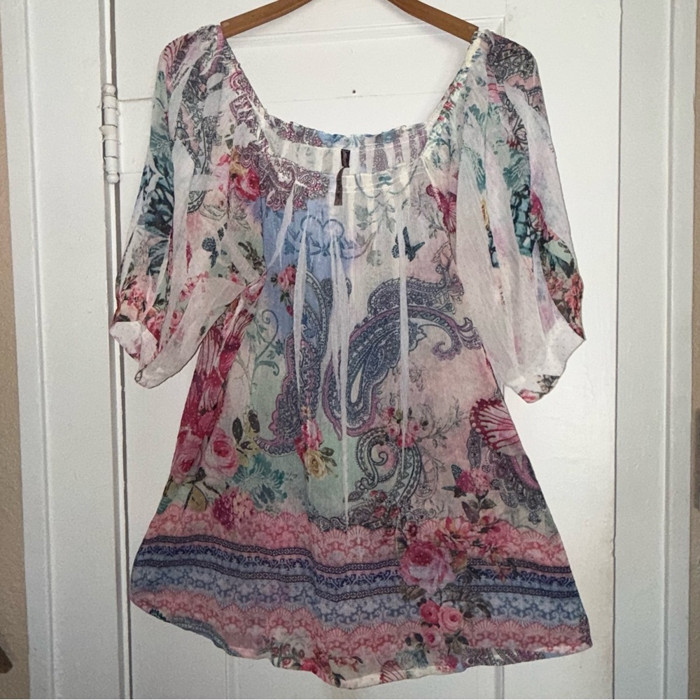 Sheer Boho Floral Paisley Peasant Blouse - White with Pink & Blue Butterflies